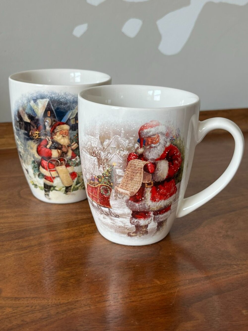 2 Pottery Barn Nostalgic Santa Christmas Village Mugs Stoneware Coffee Cups